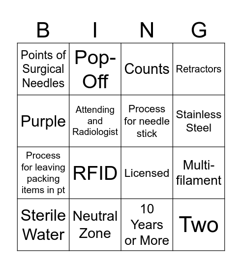 Sutures, Sharps, & Instruments Bingo Card