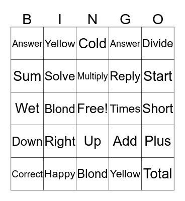 Synonym/Antonyms Bingo Card