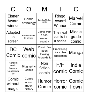Graphic Novels/Comics Reading Challenge Bingo Card