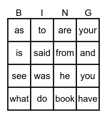 Heart Words Bingo Card