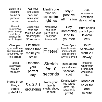 Coping Skills Bingo Card