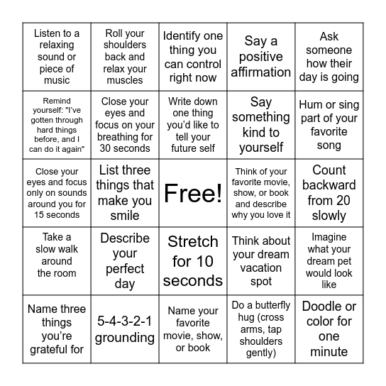 Coping Skills Bingo Card