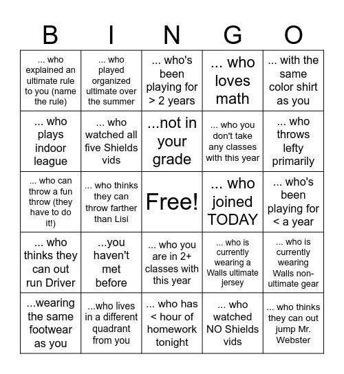 Walls Ultimate Frisbee find Someone... Bingo Card
