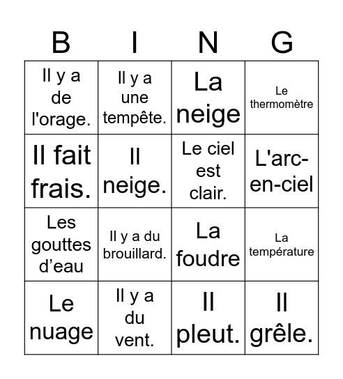 la météo en français Bingo Card