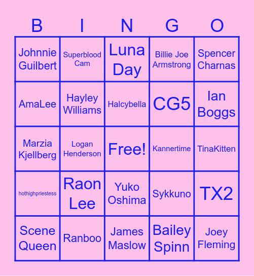 My Celebrity Crushes Bingo Card