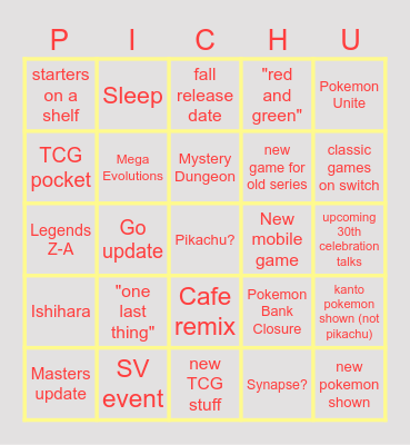 Pokemon Presents Bingo Card