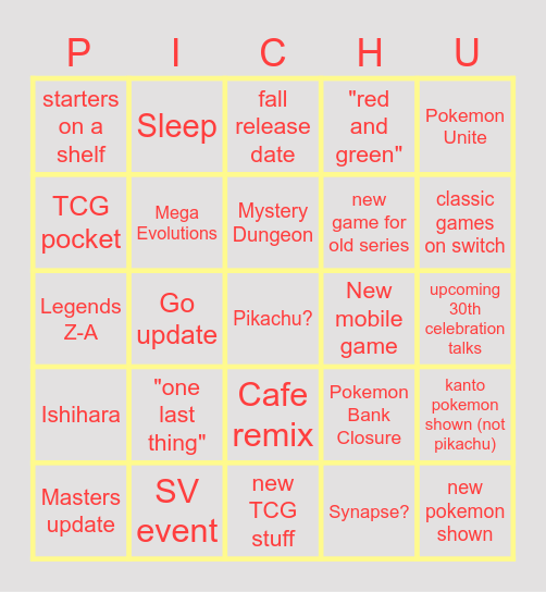 Pokemon Presents Bingo Card