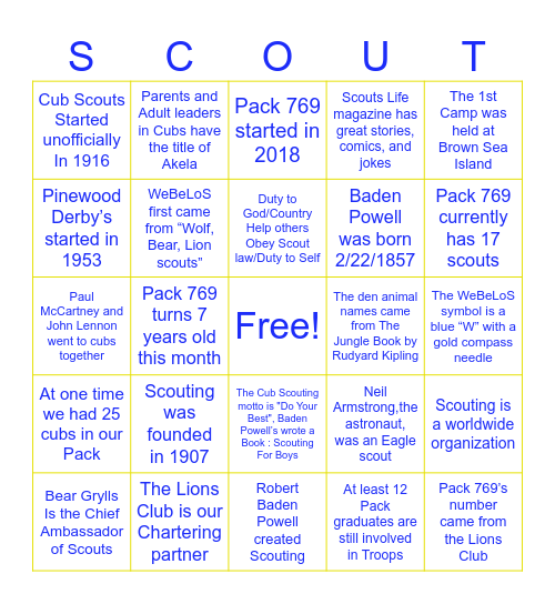 Scouting and Pack 769 Birthday Bingo Card