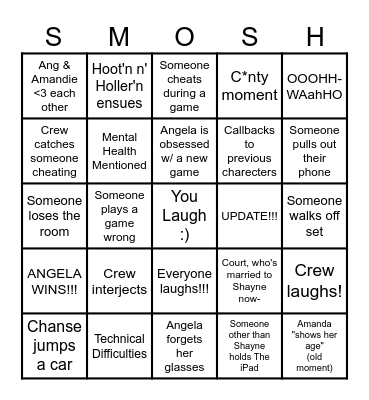 Smosh Youtube Channel Videos (Games, Smoshmouth, Reddit Stories) Bingo Card