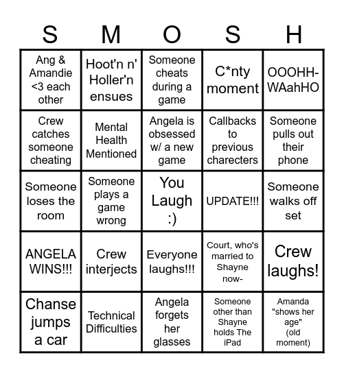 Smosh Youtube Channel Videos (Games, Smoshmouth, Reddit Stories) Bingo Card