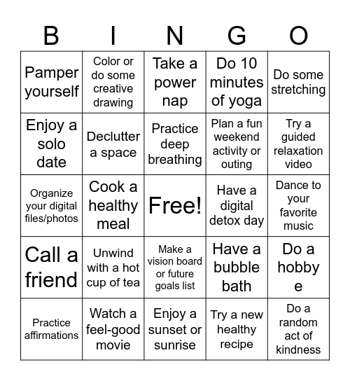 Self-care bingo Card