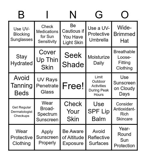 Sun Protection Bingo Card