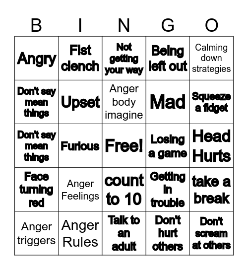 Anger Management Bingo Card