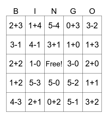 Addition and Subtraction Bingo Card