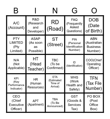 Abbreviations used in forms Bingo Card
