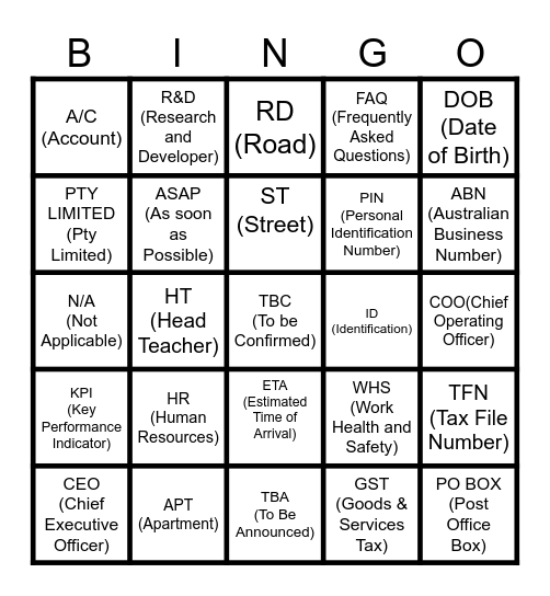 Abbreviations used in forms Bingo Card
