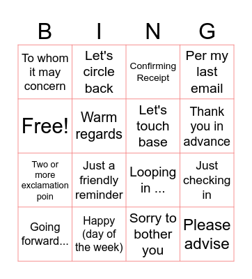 Work Email Bingo Card