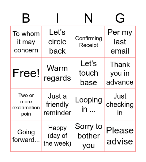 Work Email Bingo Card