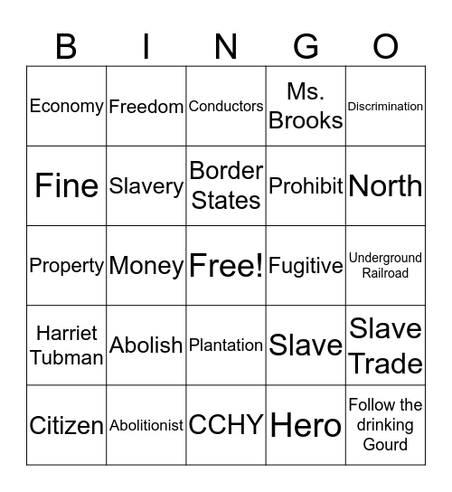 Underground Railroad Bingo Card