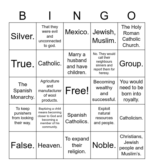 Spanish History Bingo Card