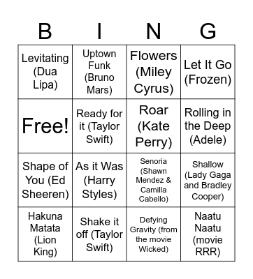 Songs Bingo Card