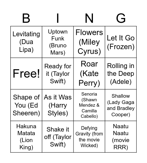 Songs Bingo Card