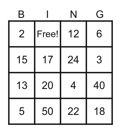 Math! Math! Math! Bingo Card