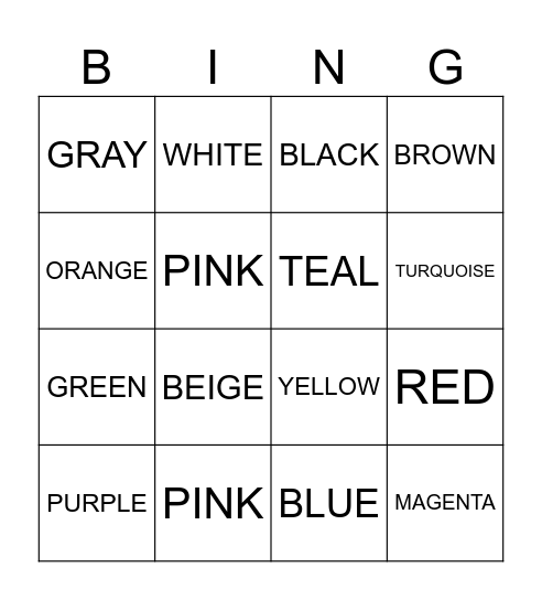 CORES EM INGLÊS Bingo Card