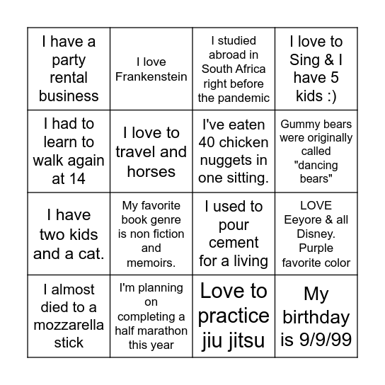 Mariposa "Get To Know You" Bingo Card