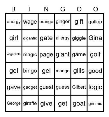 Hard G and soft G Bingo Card
