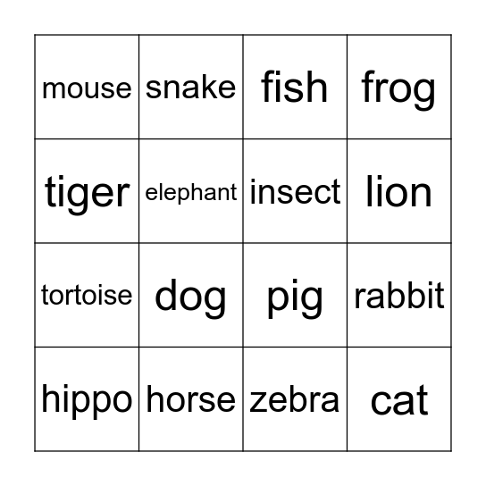 ANIMALS Bingo Card