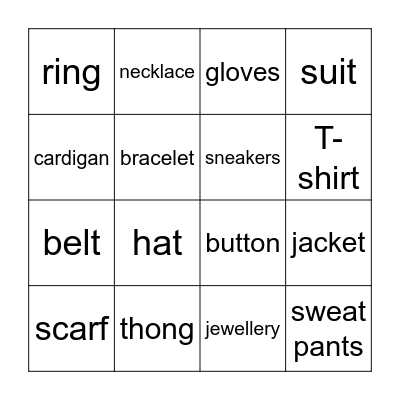 Clothes Bingo Card