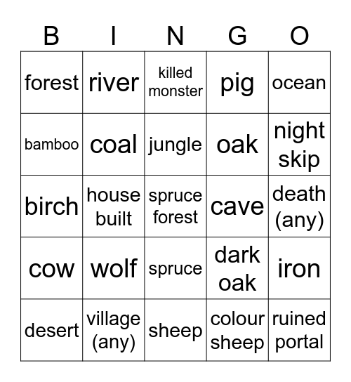 minecraft start Bingo Card