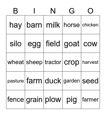 Farm Vocabulary Bingo Card
