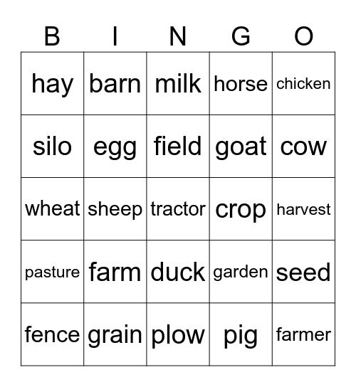 Farm Vocabulary Bingo Card