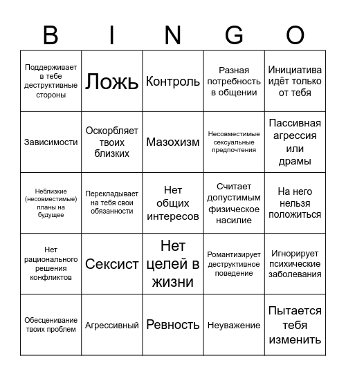 Красные флаги в отношениях Bingo Card