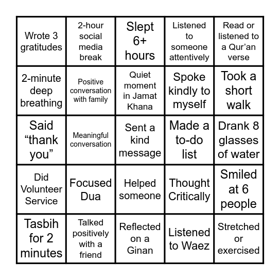 Wellness Bingo Card
