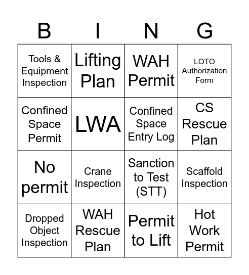 LSR Work Authorization Bingo Card