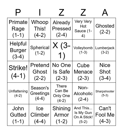 Pizza Tower Bingo Card