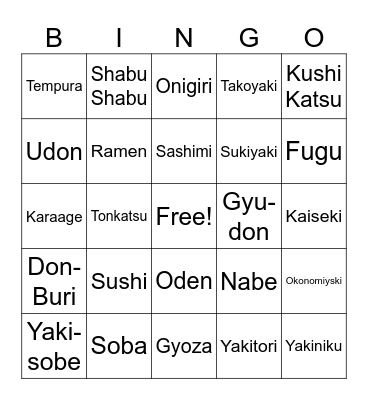 Japanese Food Bingo Card