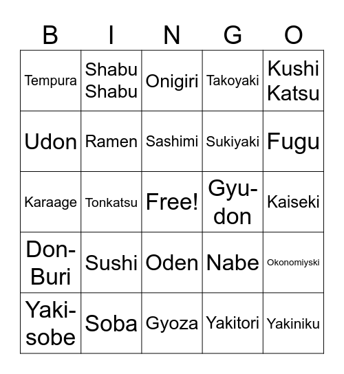 Japanese Food Bingo Card