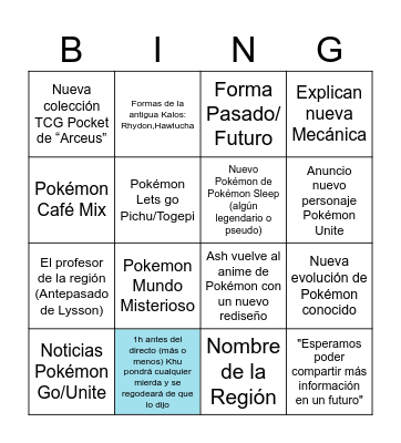 Pokemon Direct Bingo Card