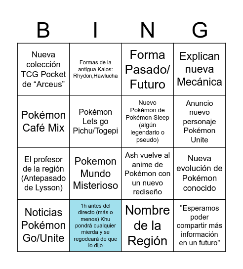 Pokemon Direct Bingo Card
