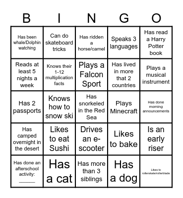 Getting to Know our 5th Graders Bingo Card