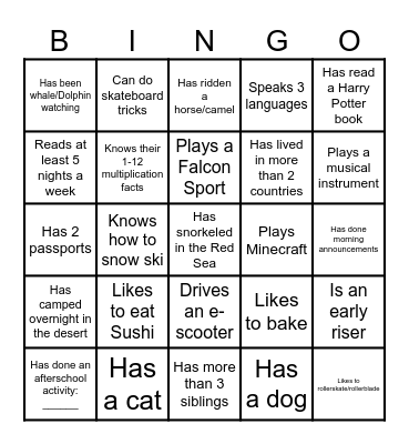 Getting to Know our 5th Graders Bingo Card