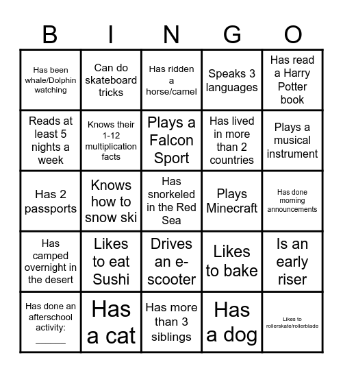 Getting to Know our 5th Graders Bingo Card