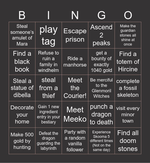 Skyrim BIngo 2 Bingo Card
