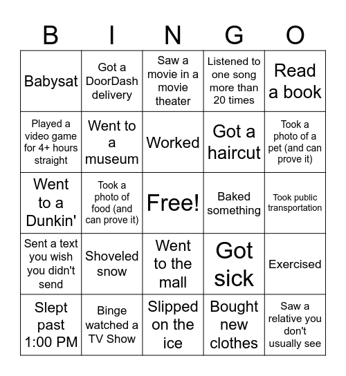 Vacation Week Bingo Card