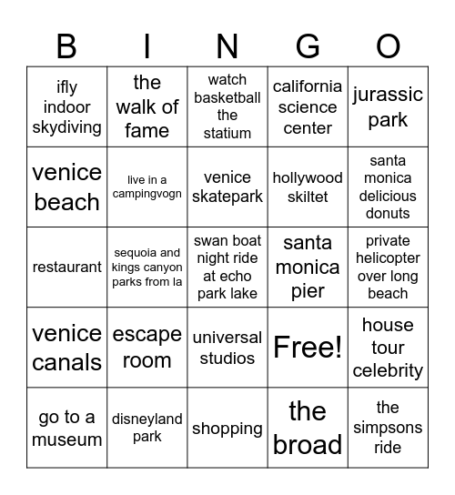 los angeles Bingo Card