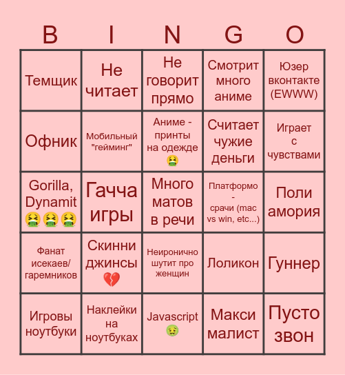 Cringe bingo (by Pryаnik) Bingo Card